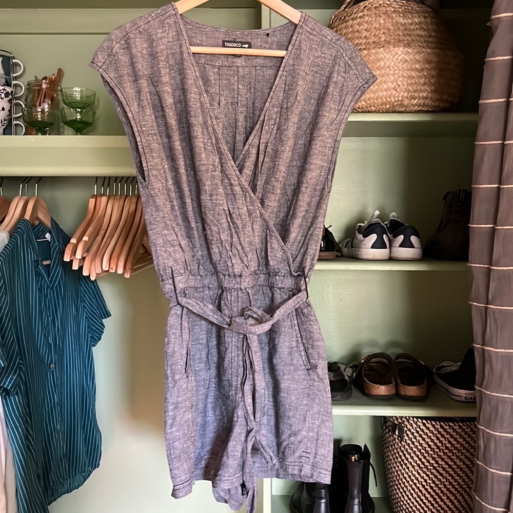 Toad & Co. gray/blue linen romper.